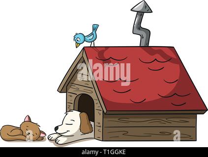 Schlafende Katze und Hund eine Hundehütte mit Vogel Stock Vektor