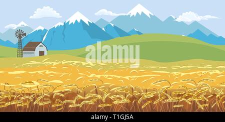 Ländlichen Bauernhof Landschaft, Dämmerung über Hügel mit Weizenfeld und schneebedeckten Gipfel Berge im Hintergrund. Vector Illustration. Stock Vektor