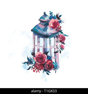 Aquarell Vintage Rost schäbig Laterne mit Deep Red Rose isoliert auf weißem Hintergrund. Boho schicken Stil Abbildungen, natürliche Grußkarte. Stockfoto