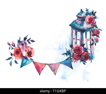Aquarell Vintage Rost schäbig Laterne mit Deep Red Rose und Party Girlanden isoliert auf weißem Hintergrund. Boho schicken Stil Abbildungen, natürliche Gree Stockfoto