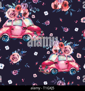 Aquarell fantasy nahtlose Muster mit niedlichen rot Retro Auto, wilde Blumen und Rosen, vintage Abbildung auf schwarzem Hintergrund Stockfoto