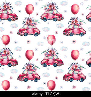 Aquarell fantasy Grußkarte mit niedlichen rot Retro Auto, Blumen, Rosen, Luftballons in den Wolken, vintage Abbildung auf weißem Hintergrund Stockfoto