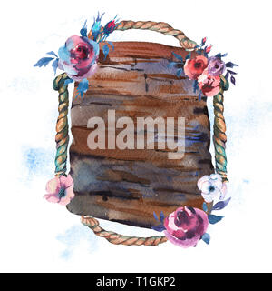 Aquarell blumen Rustikal strukturierte Oberfläche und Seil auf weißem Hintergrund. Partei hand Floral Design gezeichnet Stockfoto