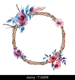 Aquarell Blumen rustikalen Seil Kranz auf weißem Hintergrund. Partei hand Floral Design gezeichnet, runden Rahmen Stockfoto