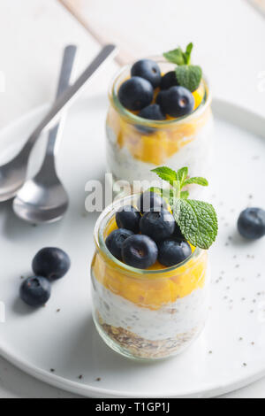 Glas Joghurt mit Blaubeeren und Mango Mousse, Chia Samen und Hafer Müsli Stockfoto