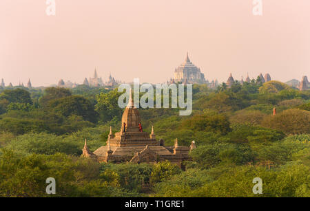 Ein unbekannter Burmesischen Paar, tragen eine traditionelle Longyi, nehmen Fotos und selfies vom Dach eines der vielen Tempel in Bagan. Stockfoto