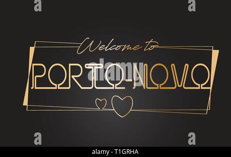 Porto-Novo Willkommen bei Golden text Neon-Schriftzug Typografie mit Kabelgebundenen Golden Frames und Herzen Design Vector Illustration. Stock Vektor