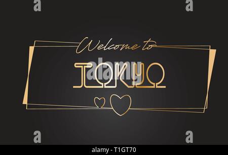 Tokio Willkommen bei Golden text Neon-Schriftzug Typografie mit Kabelgebundenen Golden Frames und Herzen Design Vector Illustration. Stock Vektor