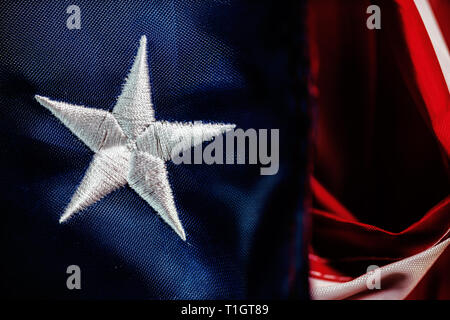 Amerikanische Flagge gestickt star Makro genäht, USA Banner extreme Nahaufnahme Detail Stockfoto