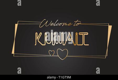 Kuwait Willkommen bei Golden text Neon-Schriftzug Typografie mit Kabelgebundenen Golden Frames und Herzen Design Vector Illustration. Stock Vektor