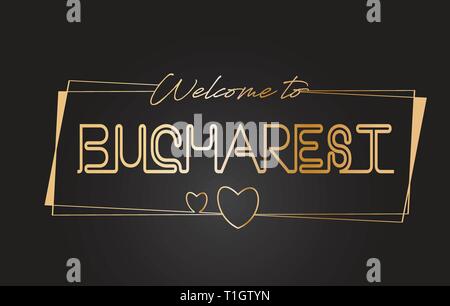 Bukarest Willkommen bei Golden text Neon-Schriftzug Typografie mit Kabelgebundenen Golden Frames und Herzen Design Vector Illustration. Stock Vektor