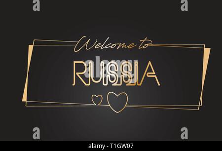 Russland Willkommen bei Golden text Neon-Schriftzug Typografie mit Kabelgebundenen Golden Frames und Herzen Design Vector Illustration. Stock Vektor