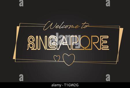 Singapur Willkommen bei Golden text Neon-Schriftzug Typografie mit Kabelgebundenen Golden Frames und Herzen Design Vector Illustration. Stock Vektor