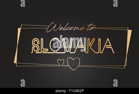 Slowakei Willkommen bei Golden text Neon-Schriftzug Typografie mit Kabelgebundenen Golden Frames und Herzen Design Vector Illustration. Stock Vektor