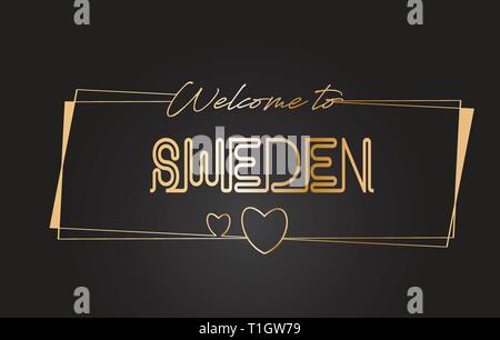 Schweden Willkommen im Golden text Neon-Schriftzug Typografie mit Kabelgebundenen Golden Frames und Herzen Design Vector Illustration. Stock Vektor