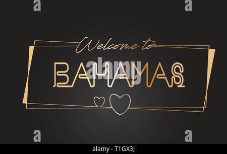 Bahamas Willkommen auf Goldenen text Neon-Schriftzug Typografie mit Kabelgebundenen Golden Frames und Herzen Design Vector Illustration. Stock Vektor