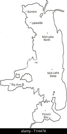 Verbreitung und Häufigkeit von Zooplankton Verteilung und Häufigkeit von Zooplankton und Mysis relicta in Flathead Lake distributionabun 1991 spen Jahr: 1991 w Abbildung 0. Karte von Flathead Lake, primäre Beprobungsstationen. w Stockfoto