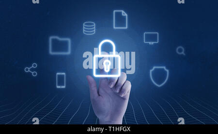 Hand berühren Vorhängeschloss mit Online Services Symbolen umgeben. Daten und Datenschutz Sicherheitskonzept. Stockfoto