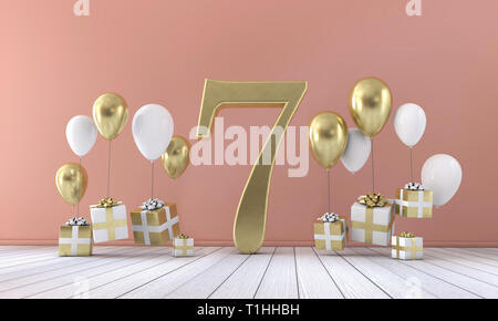 Nummer 7 Geburtstagsfeier Zusammensetzung mit Ballons und Geschenkboxen. 3D-Rendering Stockfoto