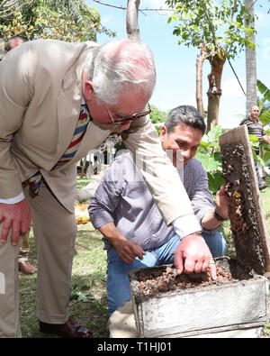 Der Prinz von Wales versucht, Honig, die während eines Besuchs auf der Finca Marta Bio-Bauernhof in der caimito Bezirk, in der Nähe von Havanna, Kuba, als Teil einer historischen Reise, die feiert die kulturellen Bindungen zwischen dem Vereinigten Königreich und den kommunistischen Staat. Stockfoto