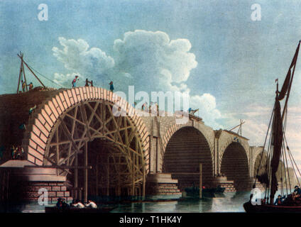 Eine Brücke über die Themse in Blackfriars, 1766. Von Edward Rooker (c) 1712-1774. Der Bau der ersten festen Kreuzung an Blackfriars. Der 995 Fuß (303 m) lang Toll Bridge wurde in einem italienischen Stil gestaltet von Robert Mylne (1733-1811) und mit neun semi-elliptische Bögen von Portland Stein gebaut. Es dauerte neun Jahre aufzubauen und für die Öffentlichkeit im Jahr 1769 eröffnet. Stockfoto