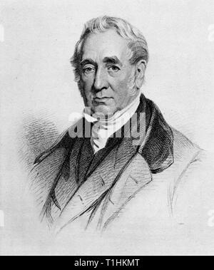 George Stephenson (1781-1848). Aus „Lives of the Engineers“ von Samuel Smiles (1812-1904). Stephenson baute die erste öffentliche Stadtbahnstrecke der Welt und ist als „Vater der Eisenbahn“ bekannt. Die Liverpool and Manchester Railway wurde 1830 eröffnet. Stockfoto