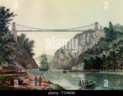 Clifton Suspension Bridge über den Fluss Avon, c 1864. Durch R. S. Bräutigam. Die Clifton Suspension Bridge, eröffnet im Jahre 1864 und wurde von Isambard Kingdom Brunel konzipiert. Die bahnbrechende Struktur umfasst die Avon Gorge und den Fluss Avon und links Clifton in Bristol zu Leigh Woods in North Somerset. Stockfoto