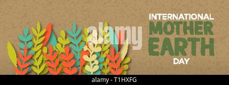 Internationale Mutter Erde Tag Web Banner Abbildung: Bunte papercut Blätter auf Recyclingpapier Hintergrund. Stock Vektor