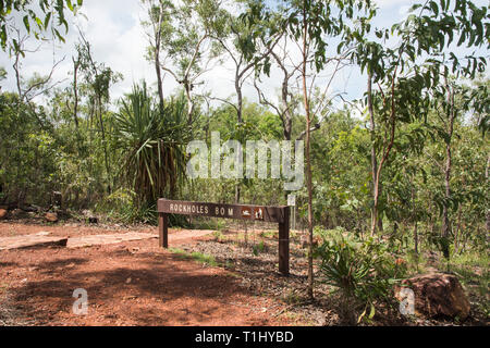 Trail Zeichen für die rock Bohrungen an der Litchfield National Park mit üppiger Buschland im NT von Australien Stockfoto