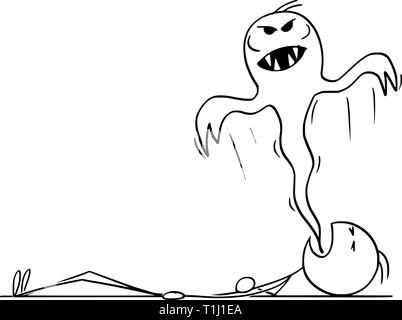 Cartoon Strichmännchen Zeichnen konzeptionelle Darstellung der tote Mann und Böse böse Seele oder Daemon ist aus seinem Munde. Stock Vektor