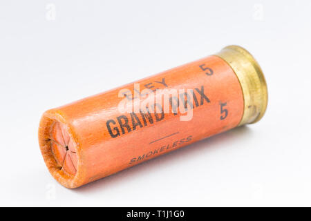 Eine Eley Grand Prix Papier Fall 12 Gauge, oder Bohrung, Schrotflinte Patrone mit einem Verschluss mit Nr. 5 Bleischrot pellets geladen. Sammeln Schrotflinte cartrid Stockfoto