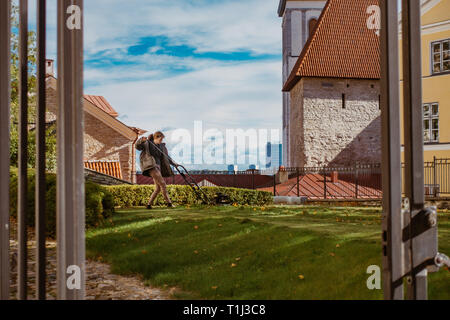 Eine Frau mäht den Rasen mit einem rotierenden Rasenmäher in Tallinn, Estland Stockfoto