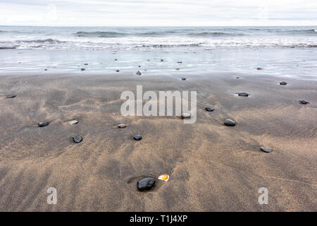 Weitwinkelaufnahme der schwarzen vulkanischen Felsen auf Sand Strand in North West Island mit Wasser Wellen am Ufer glänzend nasse Steine und orange Muschel seashell o Stockfoto