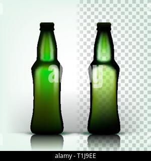 Bier Flasche Vektor. Alkohol Label. Bar Flyer Element. Jahrgang Trinken. Grün. 3D transparent Isoliert realistische Abbildung Stock Vektor