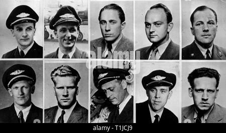 Verkehr/Transport, Luftfahrt, das Personal, die Besatzung des Passagierflugzeugs Douglas DC-6 Hjalmar Viking der SAS Scandinavian Airlines System, oben, von links: Pilot in Command captain M. Aschim, Kapitän F. Buck, Captain B. Bjoernstad, Navigator E. Pedersen, navro I. Engeland, unten, von links: navro K. Klaussen, Flugingenieur B. Henriksen, Flugingenieur T. Aasland, purser R. de Brucq, purser S. Inseth, Flug für das Rote Kreuz über den Nordpol aus Oslo (Norwegen), Thule Air Base (Grönland), Anchorage (Alaska) und Shemya Island (Ale, Additional-Rights - Clearance-Info - Not-Available Stockfoto