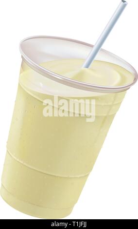 Banane frosty Smoothie oder Milchshake, nach rechts geneigt, mit Stroh in einem Plastikbecher. Stock Vektor
