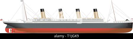 Titanic, vintage Dampf schiff Abbildung mit schwarzen Rauch aus Gießen ist es stapeln, wie sie über das Meer tuckert. Stock Vektor