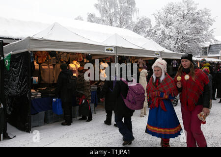 JOKKMOKK, Schweden am Februar 08, 2019. Die Menschen bewegen sich zwischen den Ständen. World, Deutsch, Wirtschaft, Handwerk und etwas zu Essen. Redaktionelle Verwendung. Stockfoto