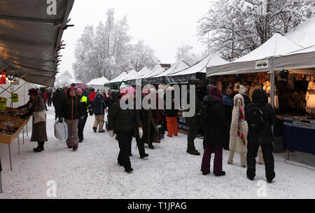 JOKKMOKK, Schweden am Februar 08, 2019. Die Menschen bewegen sich zwischen den Ständen. World, Deutsch, Wirtschaft, Handwerk und etwas zu Essen. Redaktionelle Verwendung. Stockfoto