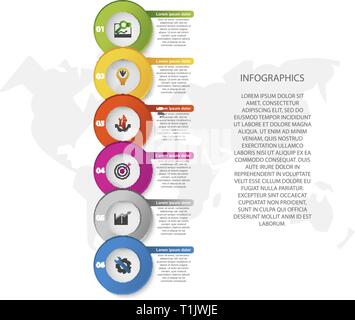 Moderne 3D-Vektor Illustration. Kreisförmige Infografik Vorlage mit sechs Elementen. Symbole und Text. Für Business, Präsentationen, Web Design Stock Vektor