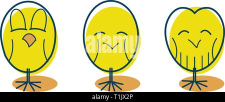 3 Glücklich gelb chic Vögel mit drei verschiedenen Stimmung ausdrücken, Körpersprache. Inhalt, glücklich, gemütlich Stock Vektor