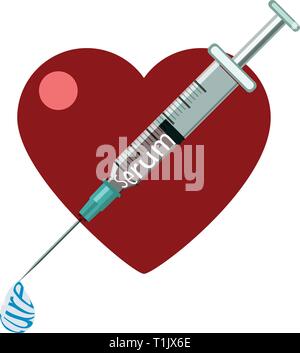Serum, Heilung, medizinische Spritze, Nadel mit Herz Form im Hintergrund. Die Worte, die Scrum in der Auswurf Lösung & das Wort Heilung in einer Flüssigkeit Blase Stock Vektor