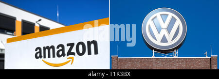 Deutschland. 27 Mär, 2019. Das Bild Combo zeigt das Logo von Amazon (l), das am 08.11.2018 in der Logistik in Dortmund, Deutschland. Und ein VW-Logo, das am 16.11.2018 auf dem Hochhaus Verwaltungsgebäude der Volkswagen Werk Wolfsburg, Deutschland. Volkswagen und Amazon stehen am Rande einer weitreichenden Partnerschaft für Cloud Services über das Internet. Nach Angaben der Deutschen Presseagentur, das Ziel ist es, die Produktivität der Fabriken der Autogiganten zu erhöhen. Zuvor hatte der "Süddeutschen Zeitung" Darüber berichtet hatte. Credit: Fassbender/Stratenschulte/dpa/Alamy leben Nachrichten Stockfoto