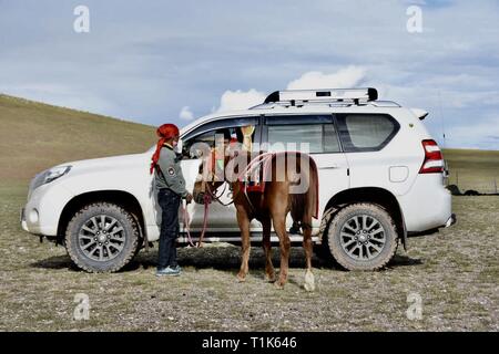 Peking, China. 18 Feb, 2018. Ein Pferd ist neben einem Auto im Südwesten Chinas Tibet autonomen Region, Feb 18, 2018 gesehen. Credit: Zhou Jianwei/Xinhua/Alamy leben Nachrichten Stockfoto