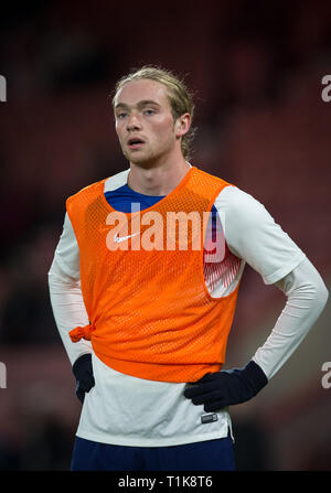 Bournemouth, UK. 26 Mär, 2019. Tom Davies (FC Everton) von England U21 pre Match während der internationalen Freundschaftsspiel zwischen England U 21 und U 21 in der Goldsands Stadion, Bournemouth, England am 26. März 2019. Foto von Andy Rowland. Credit: Andrew Rowland/Alamy leben Nachrichten Stockfoto