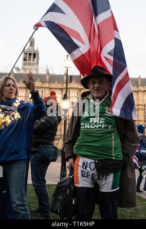 London, Großbritannien. 27 Mär, 2019. Ein Mann steht gegenüber Parlament tragen die irische Flagge farbigen Unterhosen ohne Brexit auf der Vorderseite. Credit: Claire Doherty/Alamy leben Nachrichten Stockfoto