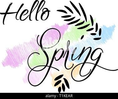 Hallo Frühling mit handschriftlichen Phrase, holiday Poster. Vector Illustration, Werbung, Promotion, Poster, Flyer, Web-Banner, Artikel. Hand gezeichnet backgrou Stock Vektor