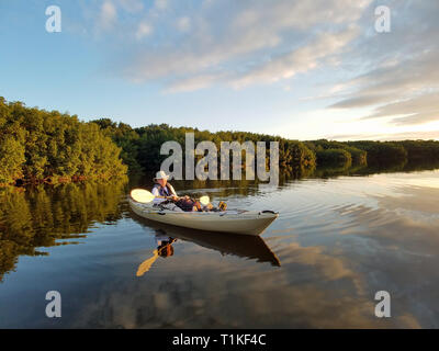 Der Everglades National Park, Florida 02-05-2017 Active Senior Kajaks auf eine außergewöhnlich ruhig Blässhuhn Bucht inmitten einer markanten cloud Reflexionen. Stockfoto