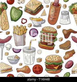 Nahtlose Muster mit bekannten Fast Food und Getränke Farben auf weißem Hintergrund. Stock Vektor