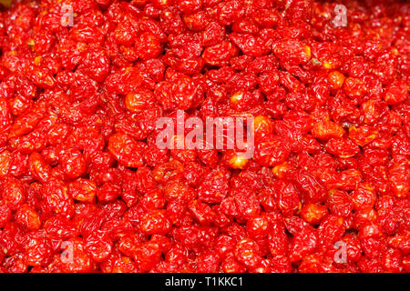 In der Nähe von datteln - schimmernd in roter Farbe. Auf der Anzeige zum Verkauf auf einem Markt in Kashgar (Provinz Xinjiang, China). Stockfoto